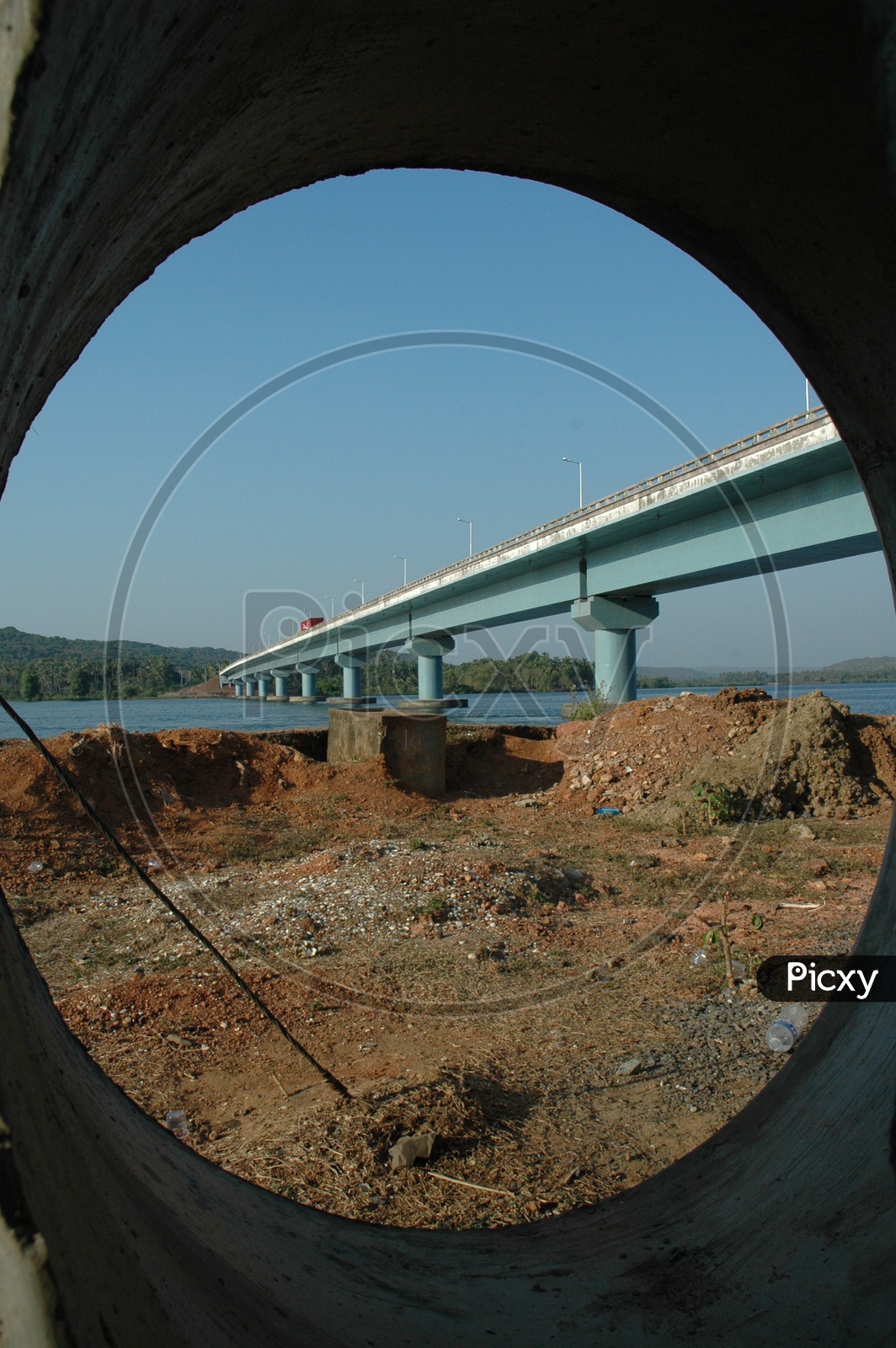 Tunnel view of the Mandovi bridge over the Mandovi river in Goa