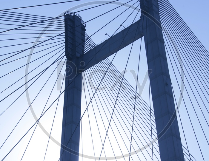 View of cables and tower of the cable stayed bridge in Kolkata