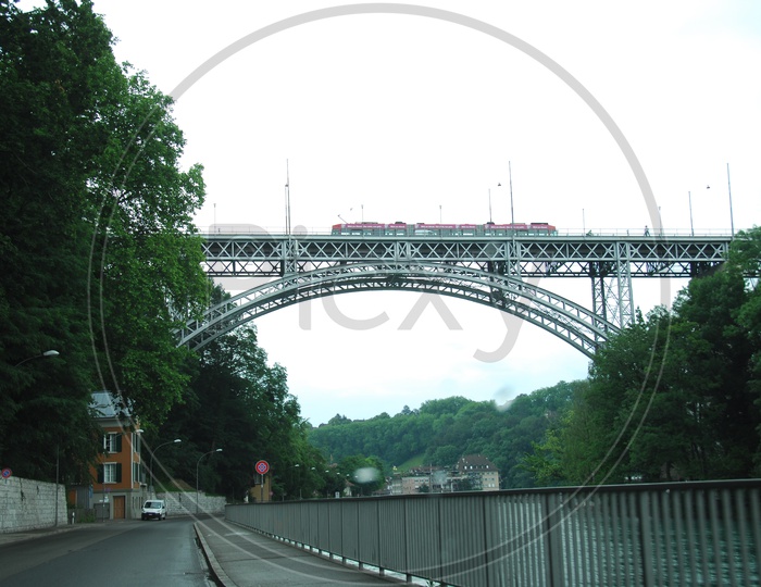 View of Mountain river overpass bridge
