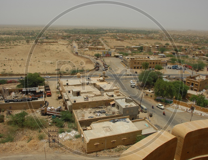 View of traditional houses and roads in Jaislamer from a fort