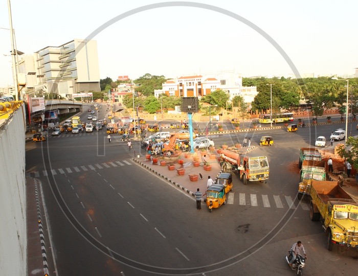 View of Hi-tech city junction with traffic on the roads