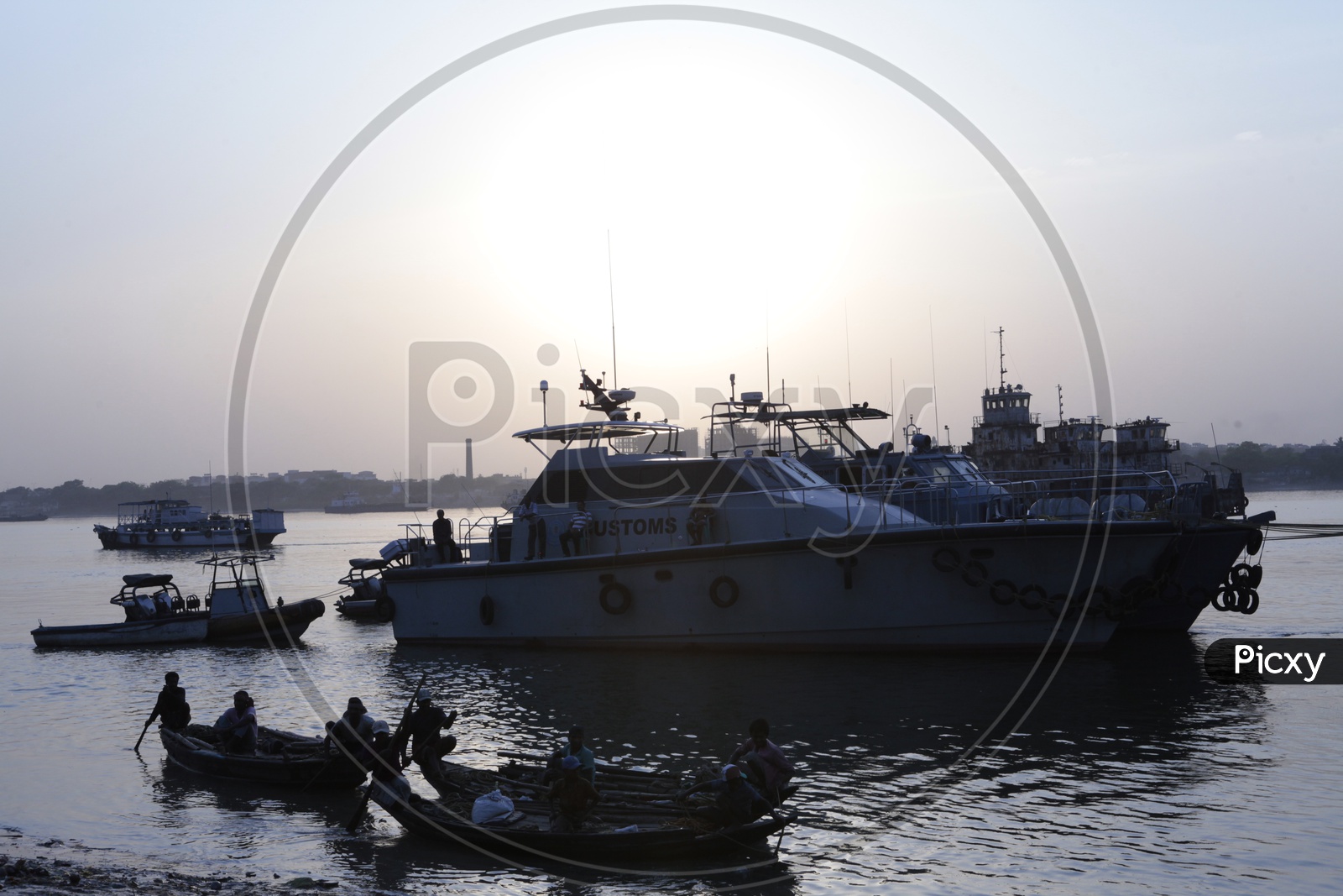Customs Boats on the Hooghly River during the sunset