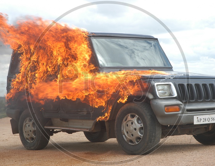 Car Set on Fire For a Movie Sequence