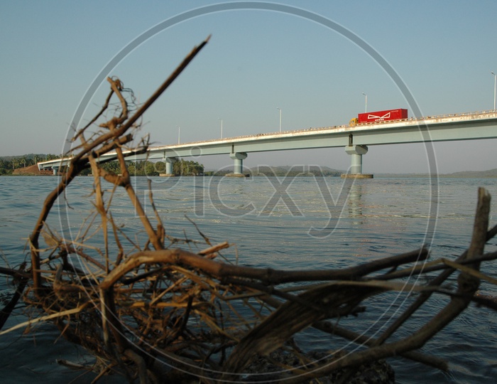 View of Mandovi bridge from the banks of Mandovi river