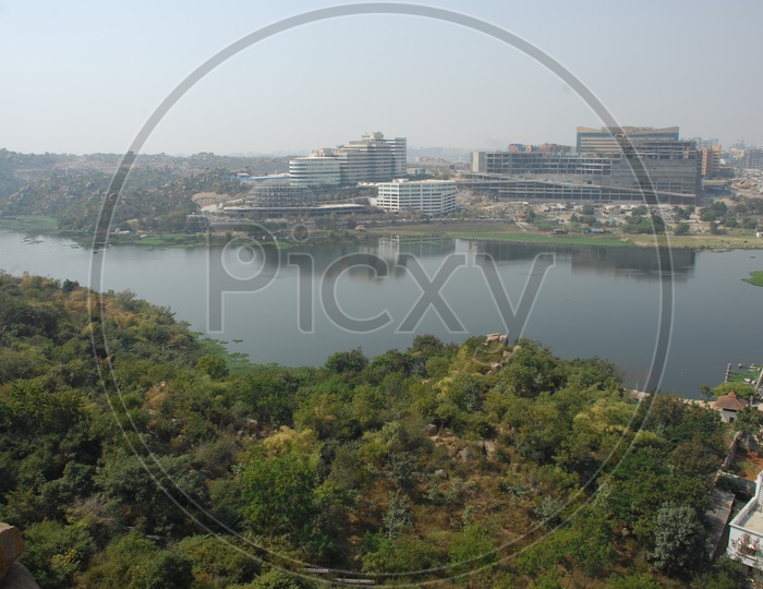 Inorbit mall Under Construction view from Durgam Cheruvu