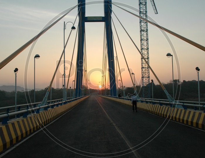 Cable stayed bridge connecting Aldona and Corjuem during Sunset