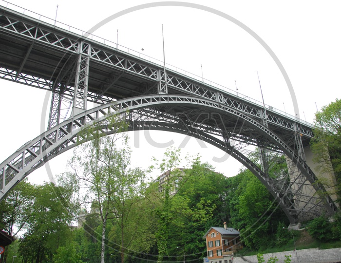Long view of Mountain river overpass bridge