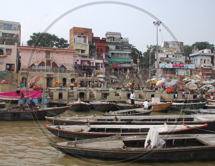 Boats in the river along the varanasi Ghats