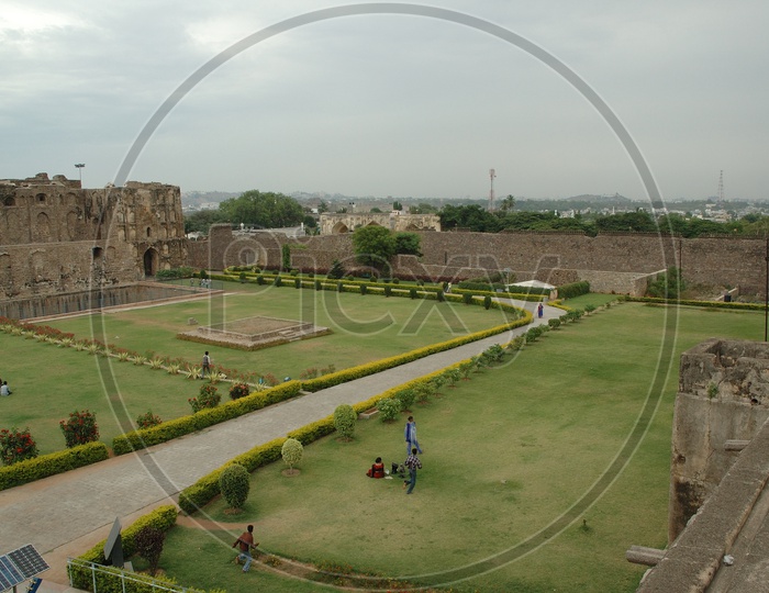 Beautiful view of Golkonda Fort with garden in the foreground  in Hyderabad
