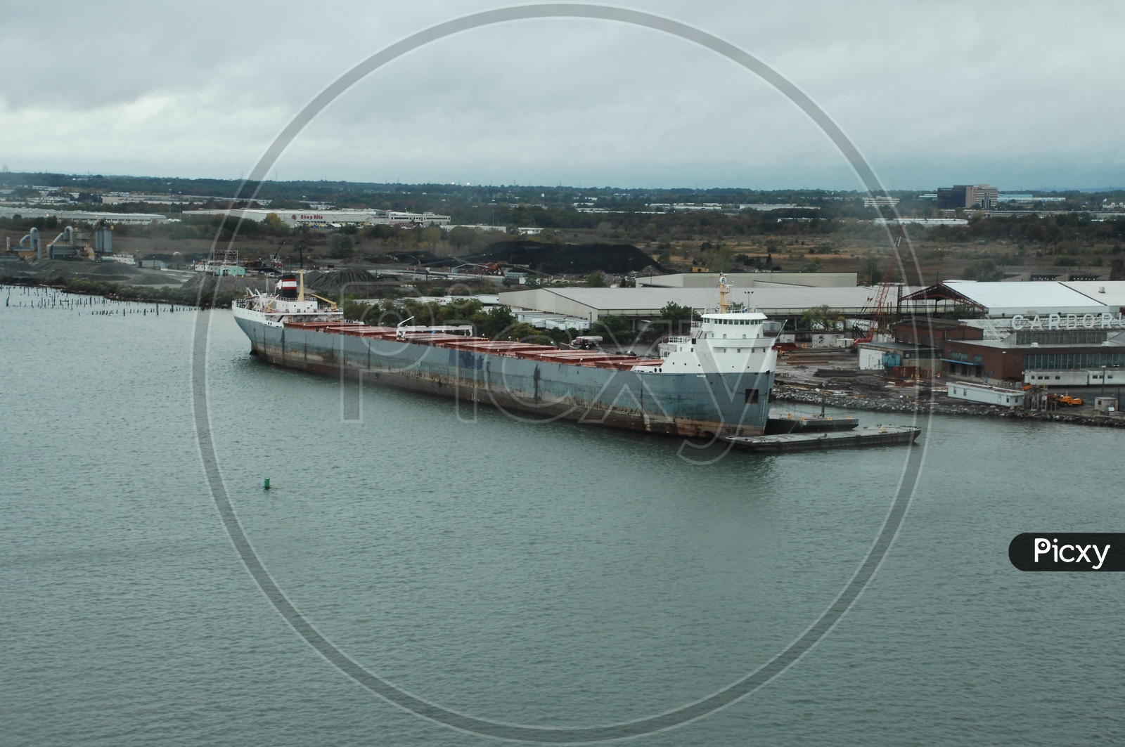 Aerial View of the Lake freighter alongside the harbour