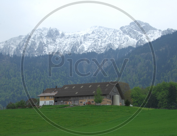 A  farm house with Swiss Alps in the background
