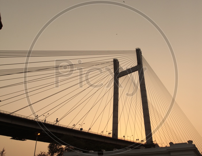 Evening view at James Prinsep memorial ghat over looking Vidyasagar Setu bridge in Kolkata