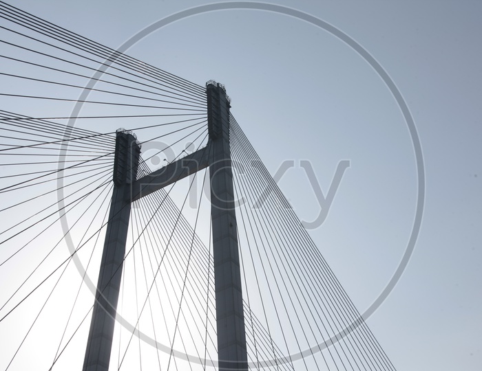 View of cables and tower of the cable stayed bridge in Kolkata