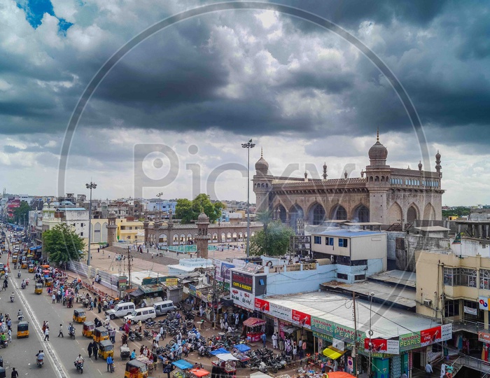 View of Mecca Masjid from Charminar covered with dark clouds