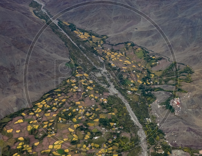 Aerial view of crops alongside the Indus River