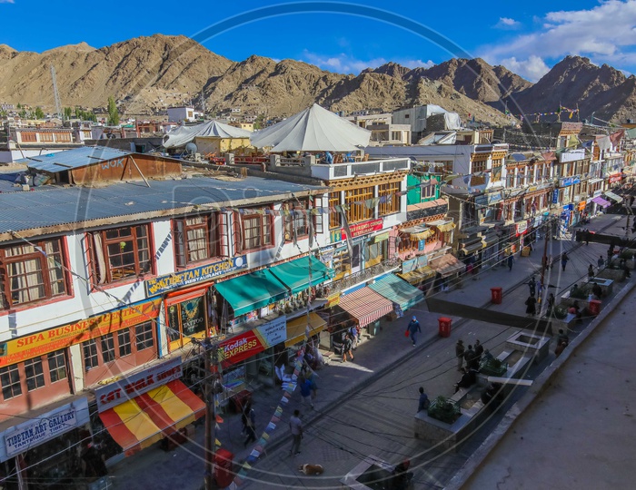 View of Streets of Leh alongside the mountains from a house stay