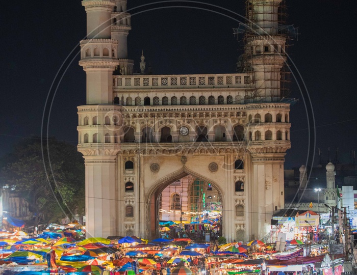 Street bazaar alongside the Charminar during night