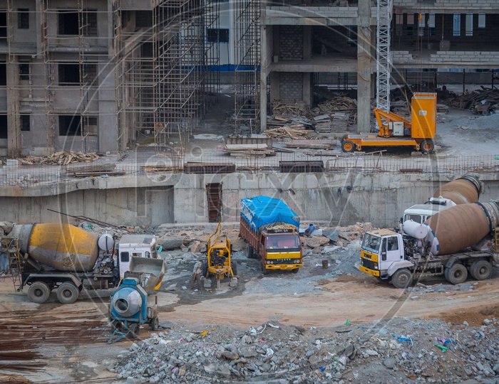 Concrete Mixing Vehicles at a Construction Site