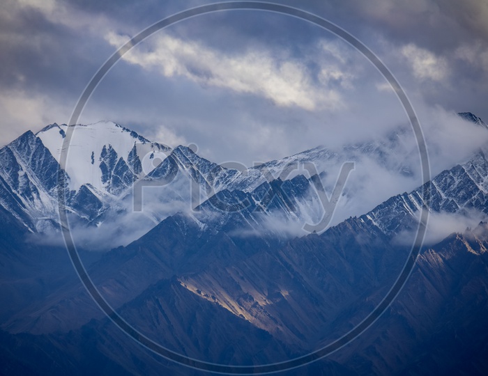 Landscape of snow-capped mountains of leh