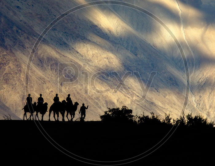 Silhouette of Travellers experiencing camel ride amidst of mountains