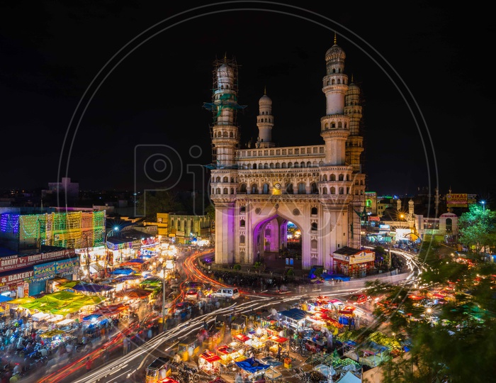Light trails alongside the Charminar during the Night