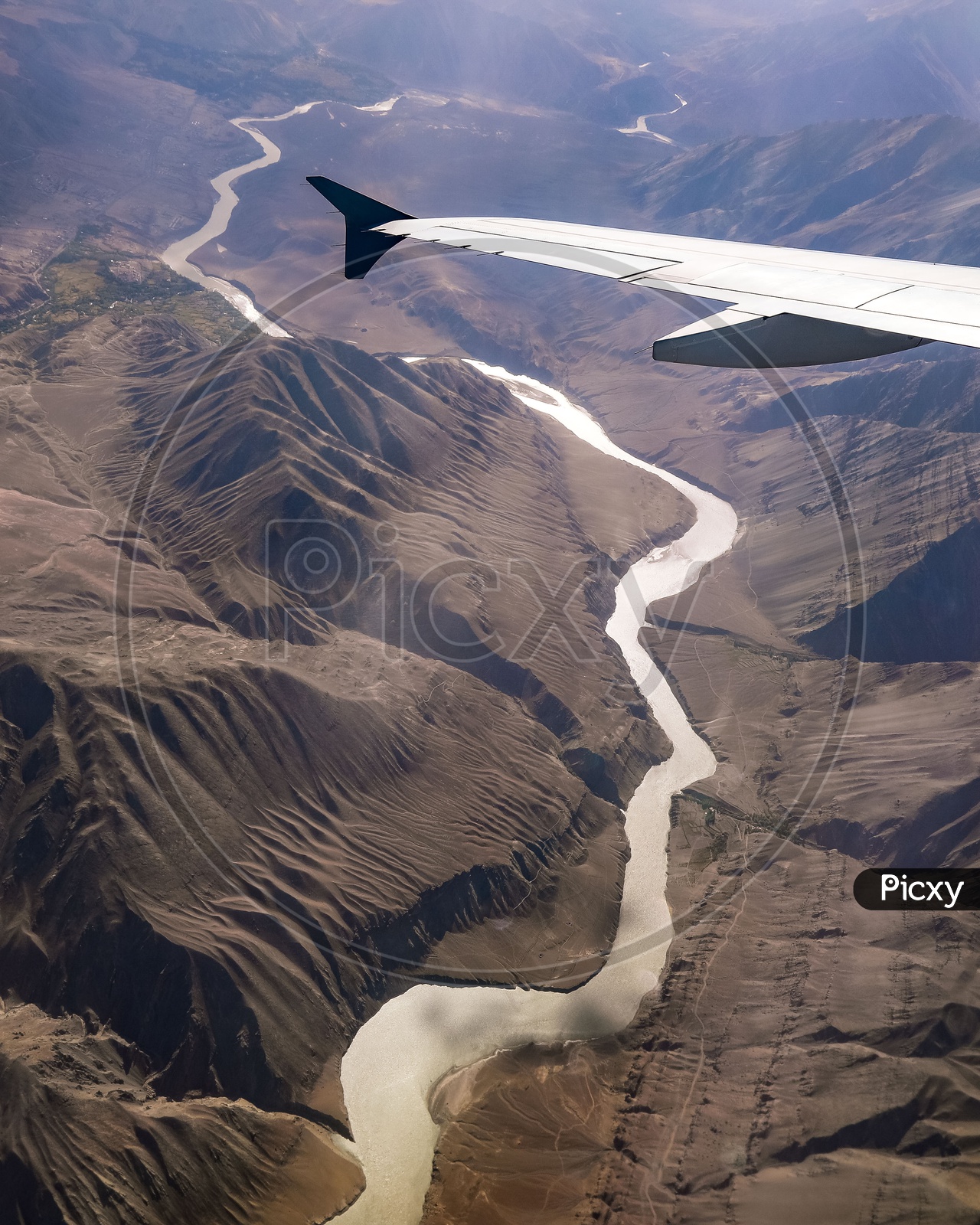 Aerial view of the Indus River flowing by the flood plains