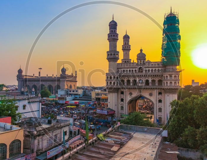 Charminar With Streets On a Golden hour Sun In Background