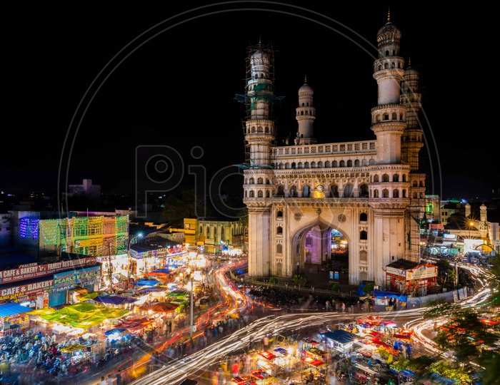 Light trails alongside the Charminar during the night