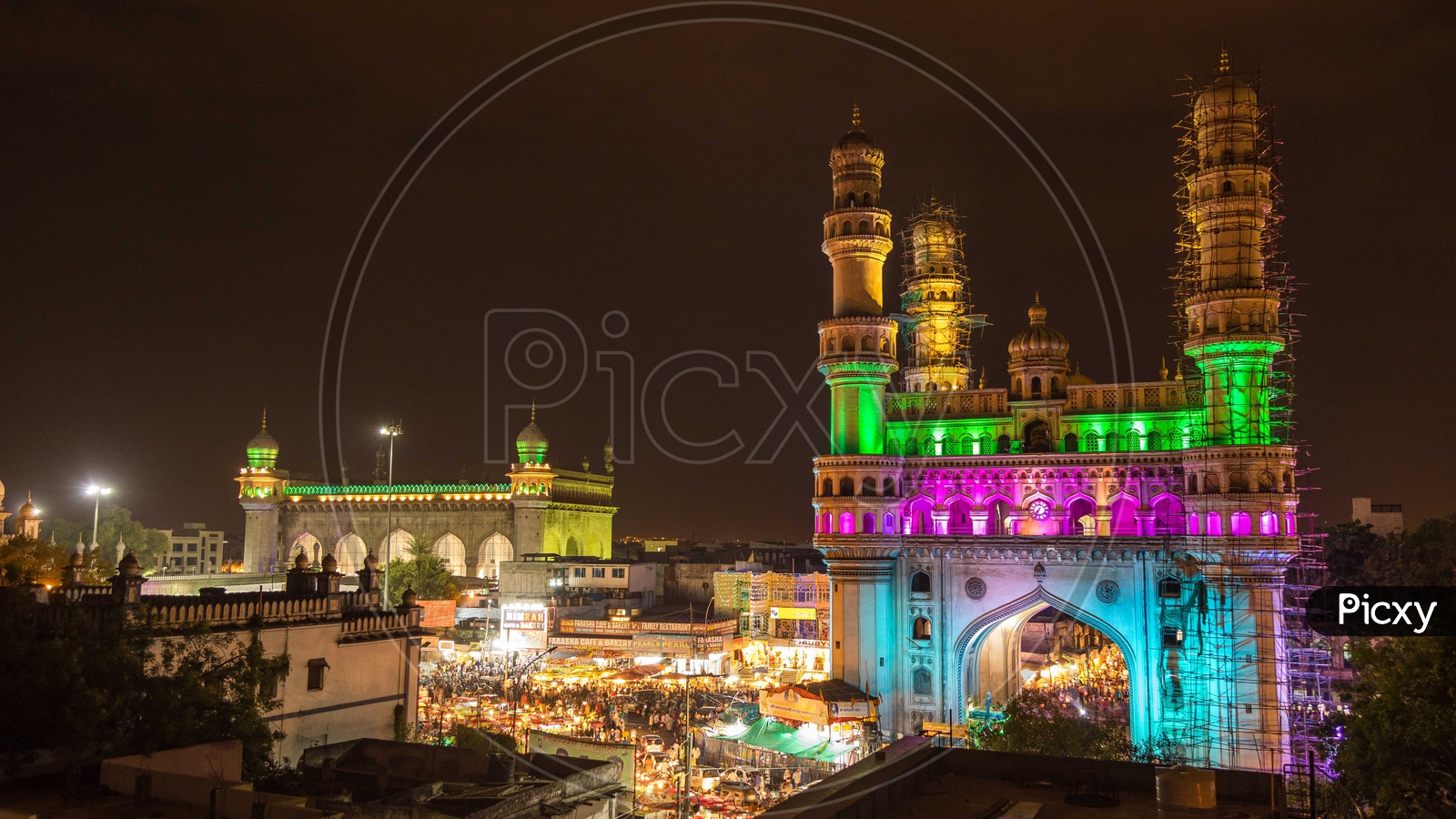 Night lights of Charminar alongside the Mecca Masjid