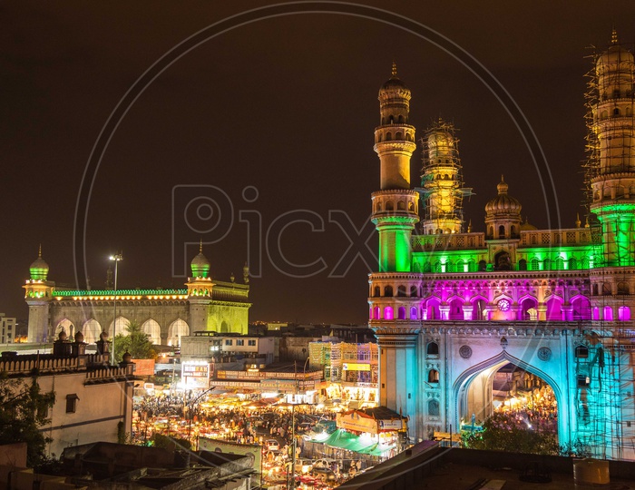 Night lights of Charminar alongside the Mecca Masjid