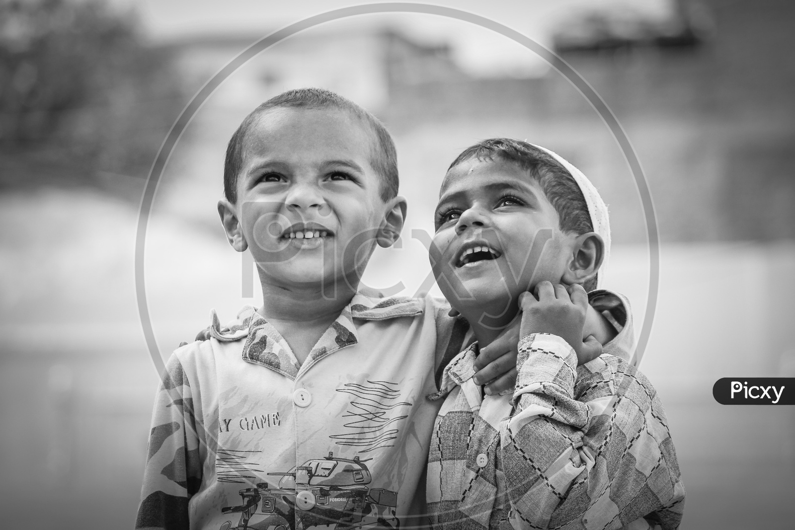 Monochrome Portrait of a Muslim Boy and Hindu boy Happily Smiling