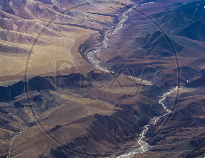 Aerial view of River flowing through the Himalayas