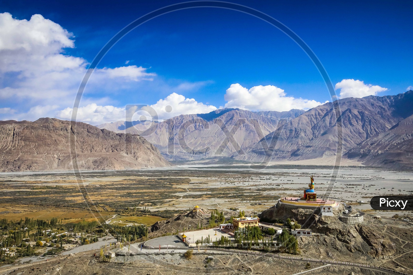 Aerial view of the Nubra Valley alongside the Giant Maitreya Buddha Statue