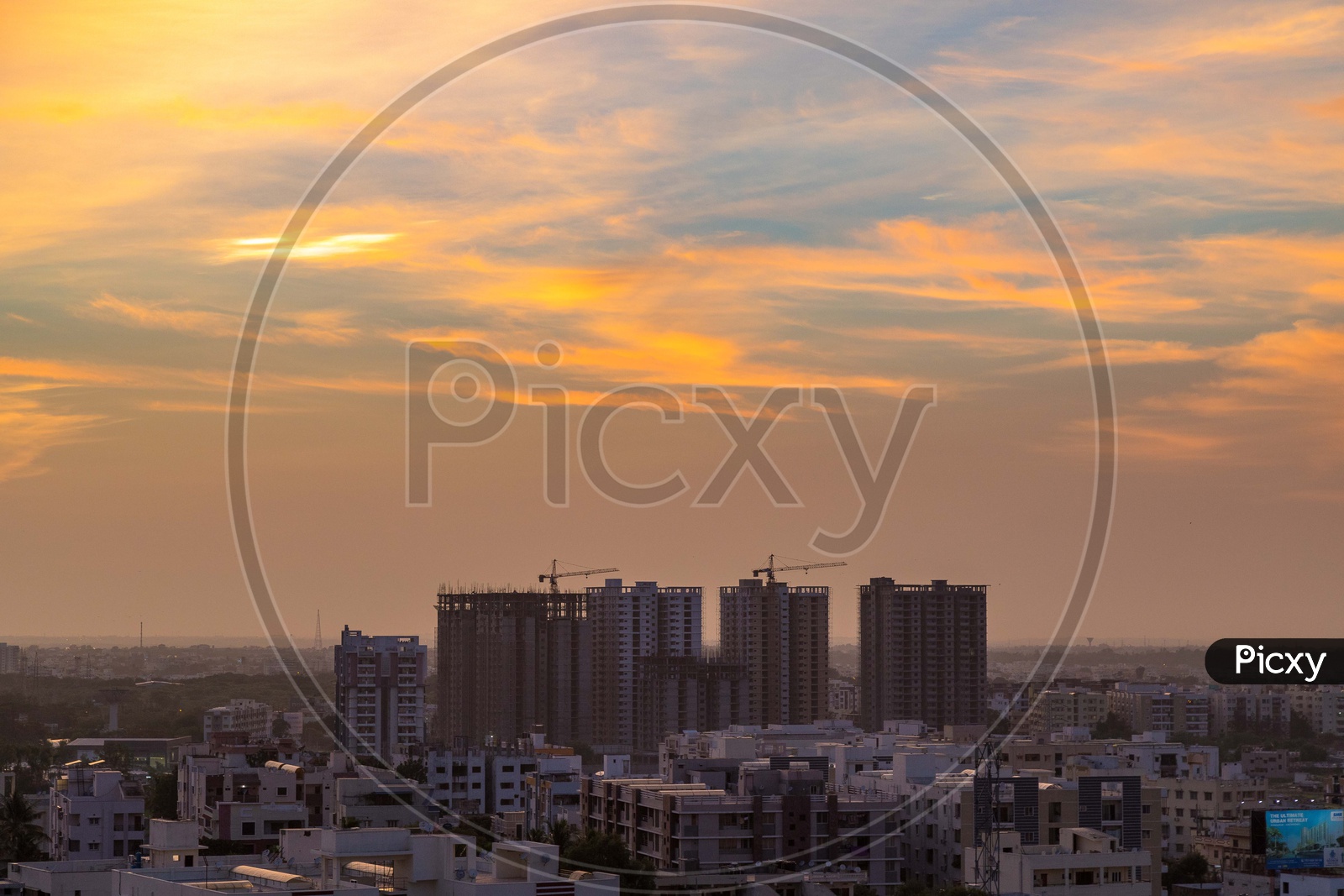 Hyderabad City scape With High Rise Buildings Over a Golden Hour Sky