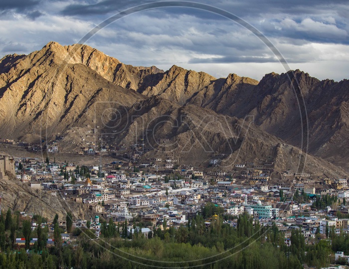 Mountains of leh with leh village in the foreground