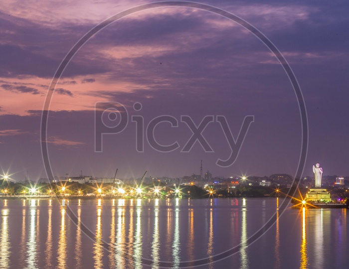 Buddha Statue In Hussain Sagar Lake With the Reflection Of Lights