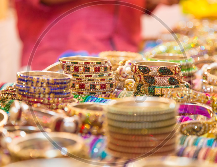 Gold coated fancy bangles at display in street bazaar