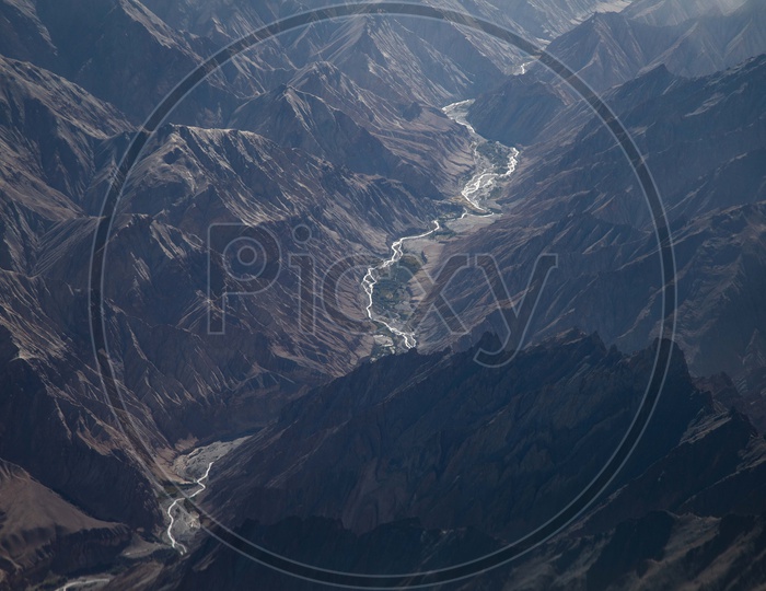 Aerial view of the River Ganges flowing through the Himalayas