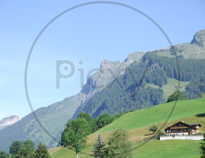 Isolated Houses in Terrains In  Switzerland  With Hills in Background