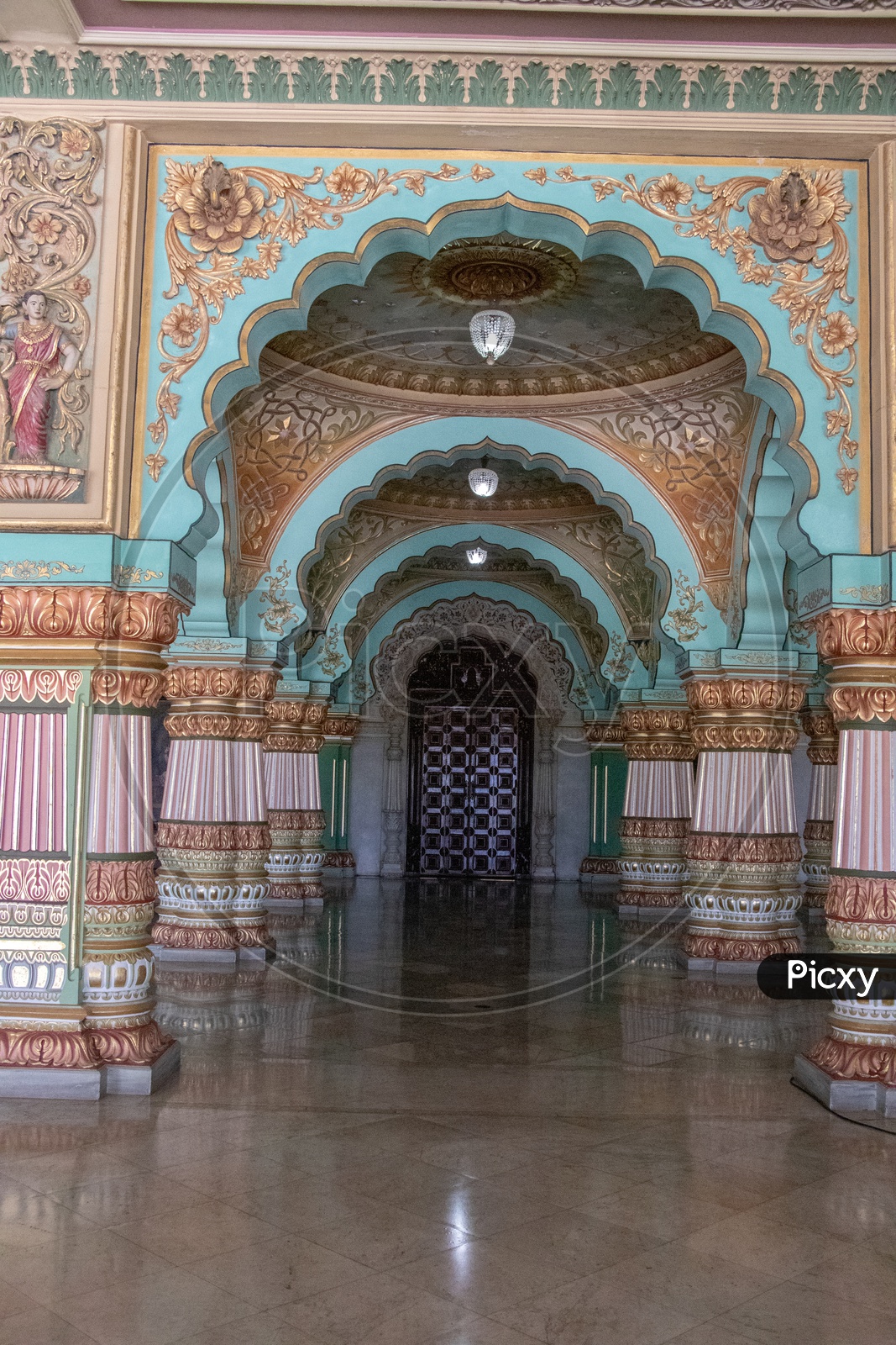 Architecture Of Mysore Palace With Designs On Pillars ,  Corridor and Antique Door