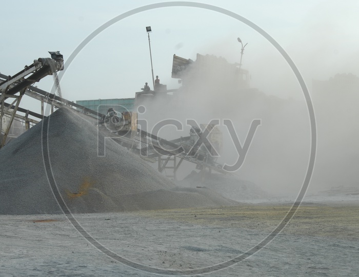Basalt powder dust alongside the grinder machinery
