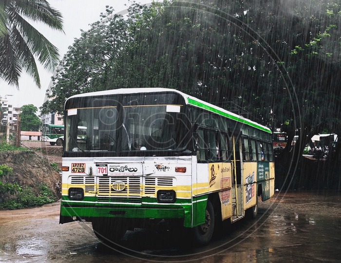 APSRTC Razole Bus in the complex during rain