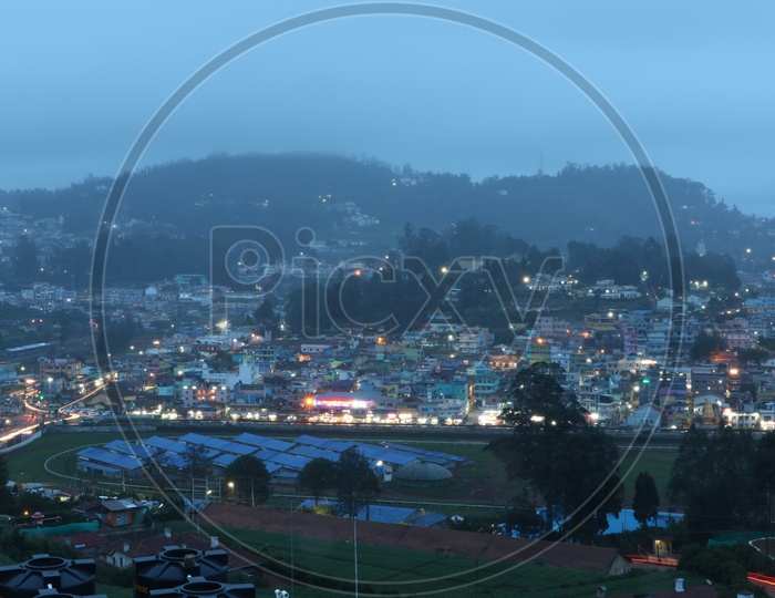 Aerial View of ooty City Scape in night from a hill Top