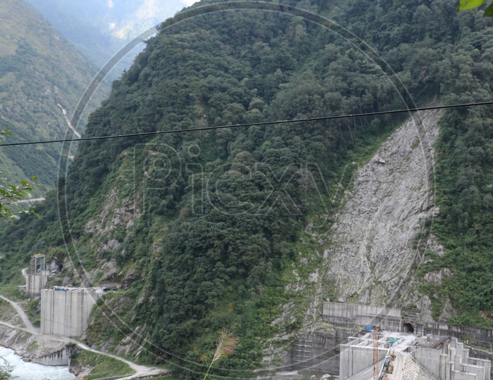 Dam under construction in the mountains in Sikkim