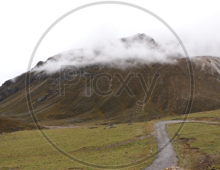 Landscape of beautiful Mountains of Sikkim with foggy sky