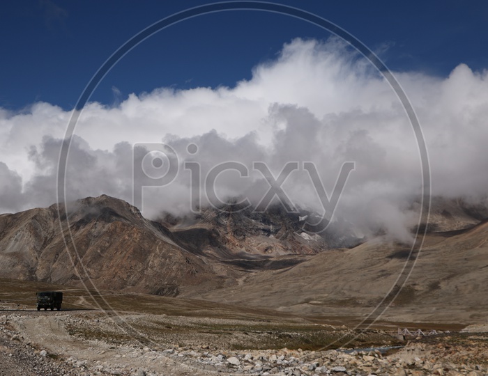 Landscape of beautiful Mountains of Sikkim with huge clouds