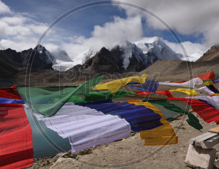 Tibetan prayer flags in the mountains at Sikkim