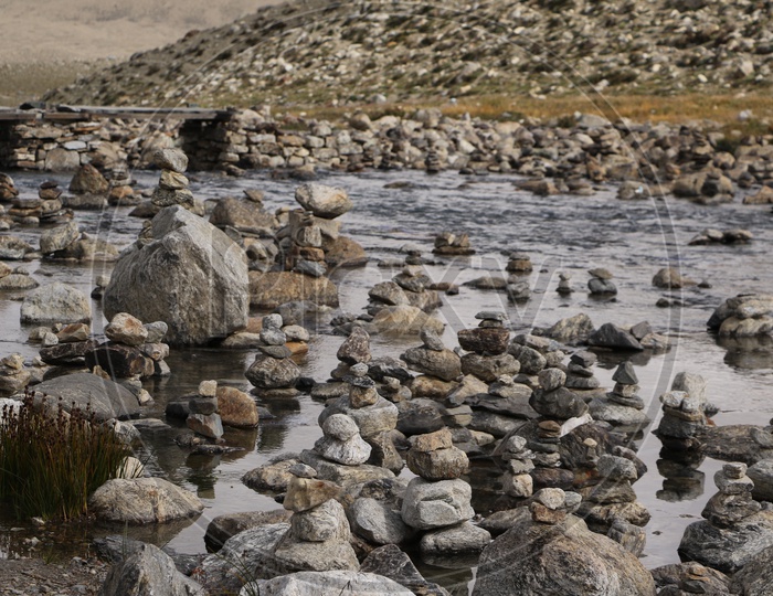 Stacking of rocks at the river in Sikkim