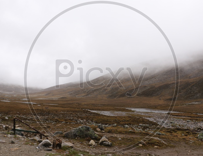 Landscape of beautiful Mountains of sikkim with foggy sky