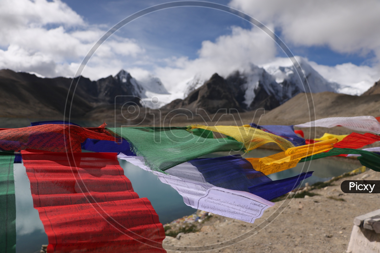 Tibetan prayer flags in the mountains in Sikkim